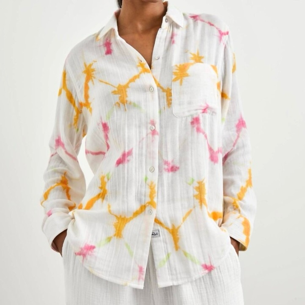 Rails Ellis Cotton Gauzy Shirt Women’s Size XL Button Down Neon Tie Dye Colorful